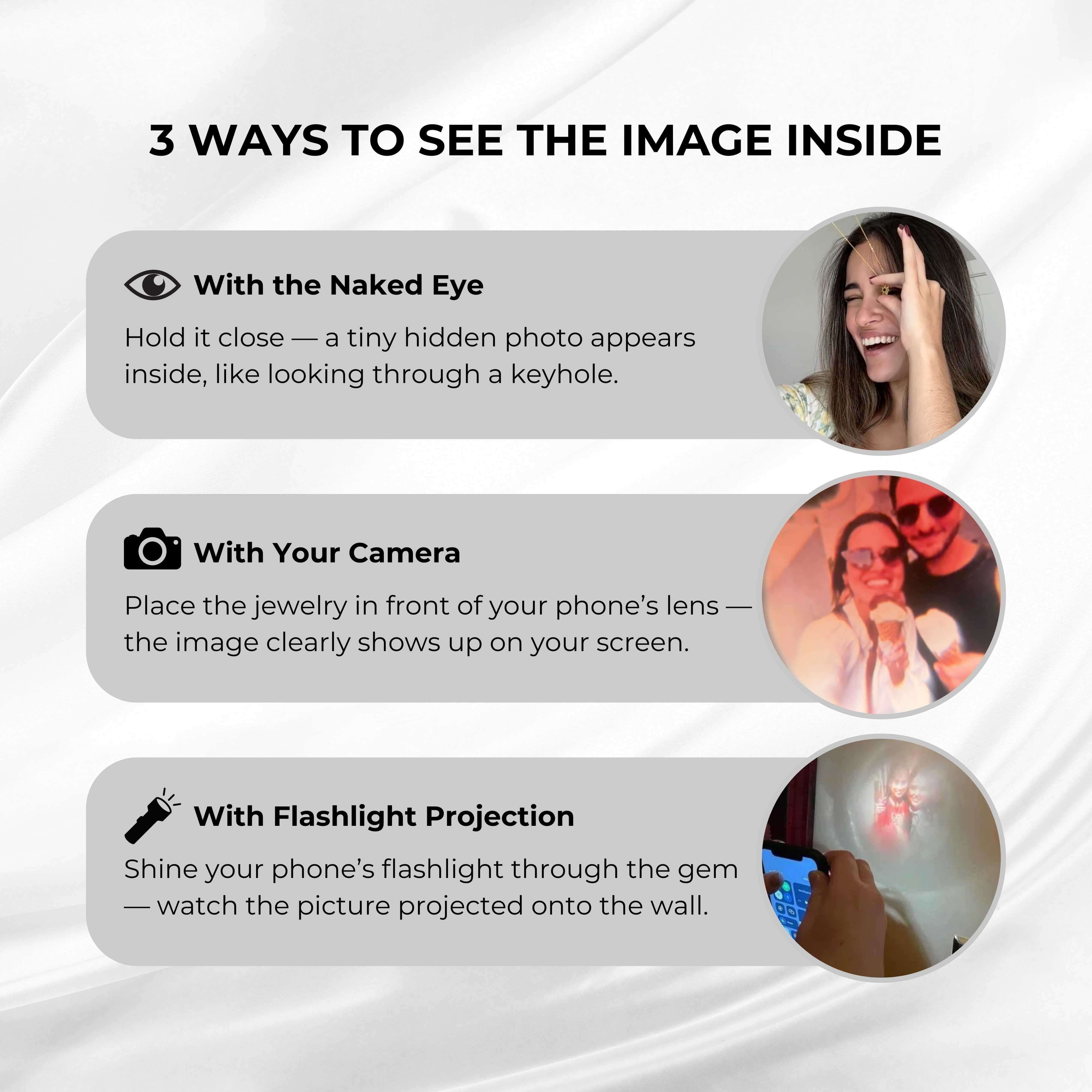 3 ways to see the image inside the Pink Photo Bracelet: with the naked eye, camera, or flashlight projection.