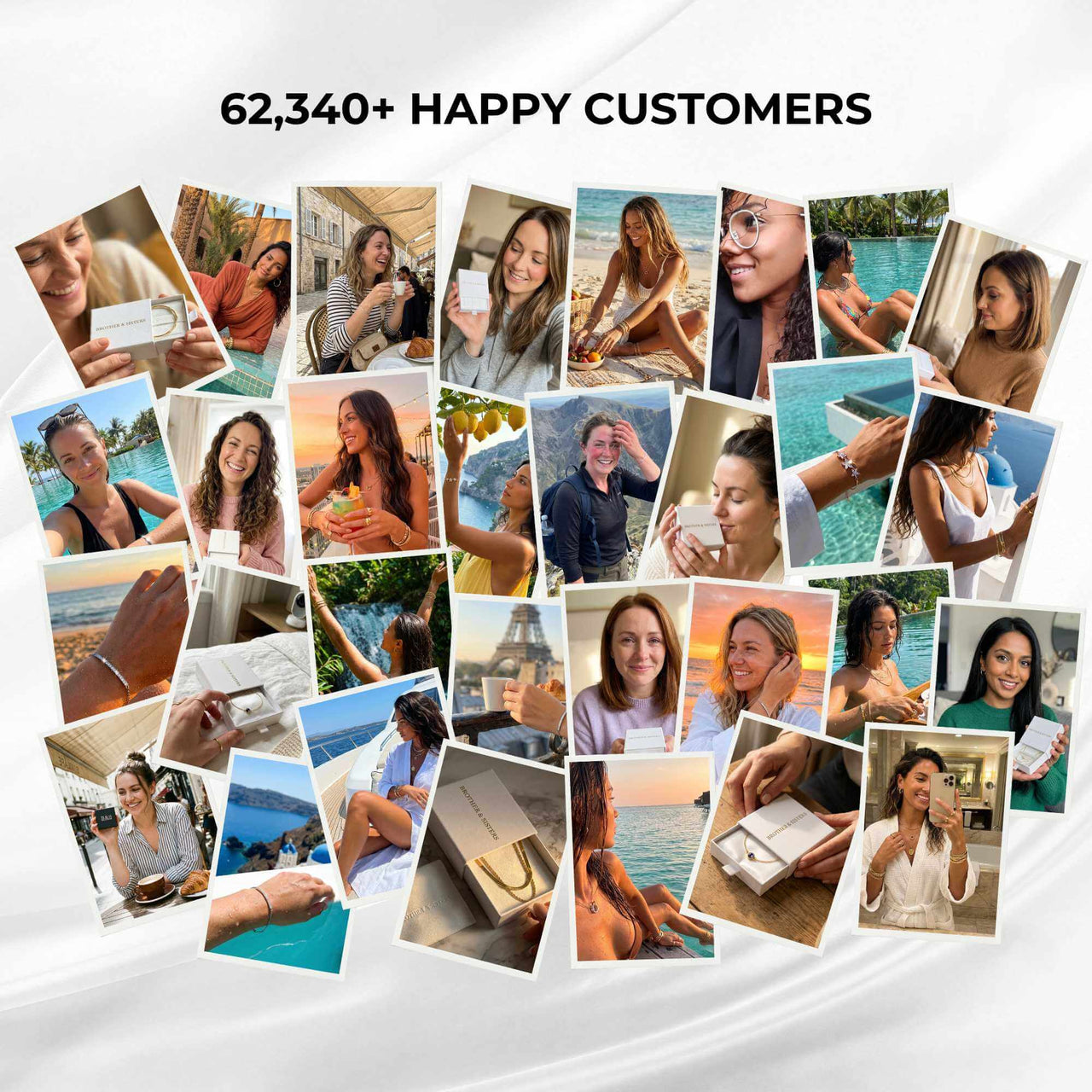 Photo collage of 62,340+ happy customers wearing jewelry and enjoying meaningful moments with Brother & Sisters.