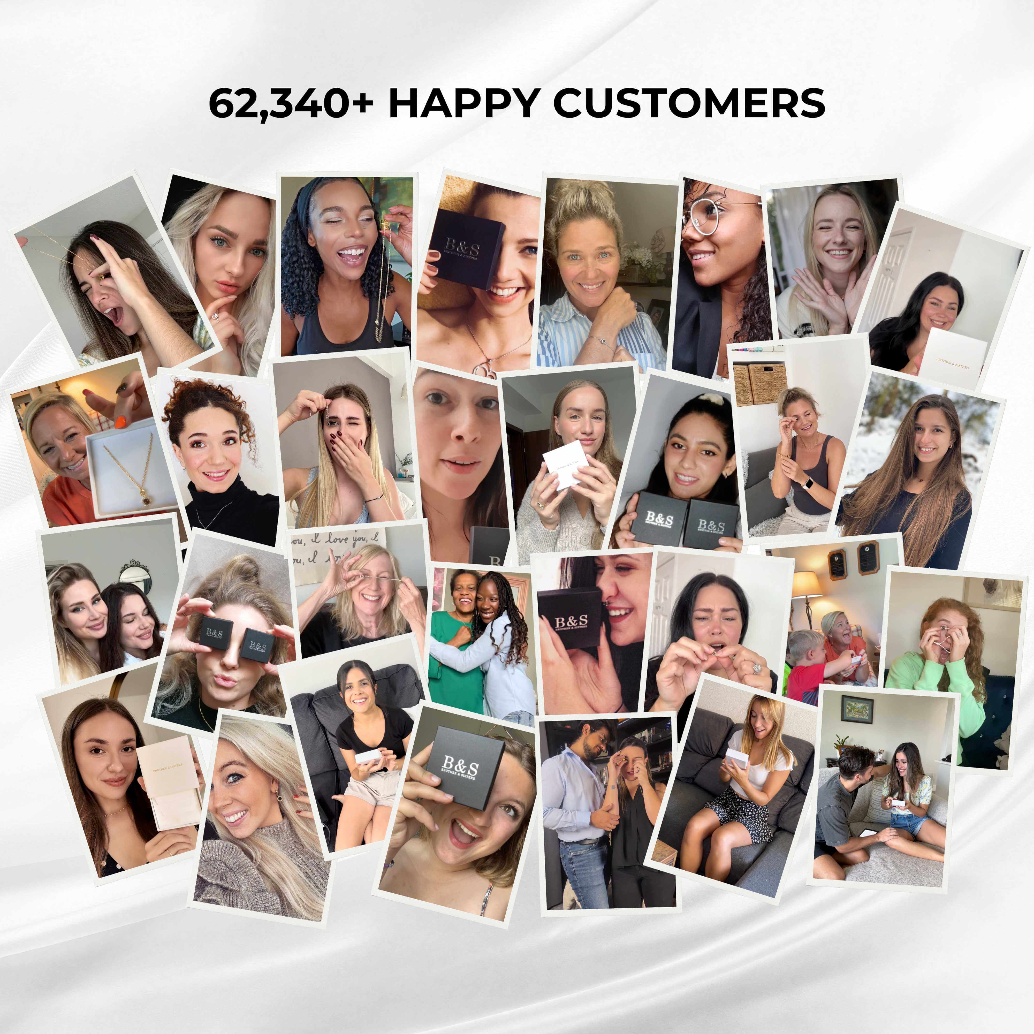 Collage of 62,340+ happy customers showcasing their joy with Brother & Sisters products.