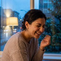 Thumbnail for Woman laughing, wearing the gold stud earrings | SKU: 42008-gold