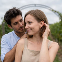 Thumbnail for Woman gently touching her gold stud earrings | SKU: 42008-gold