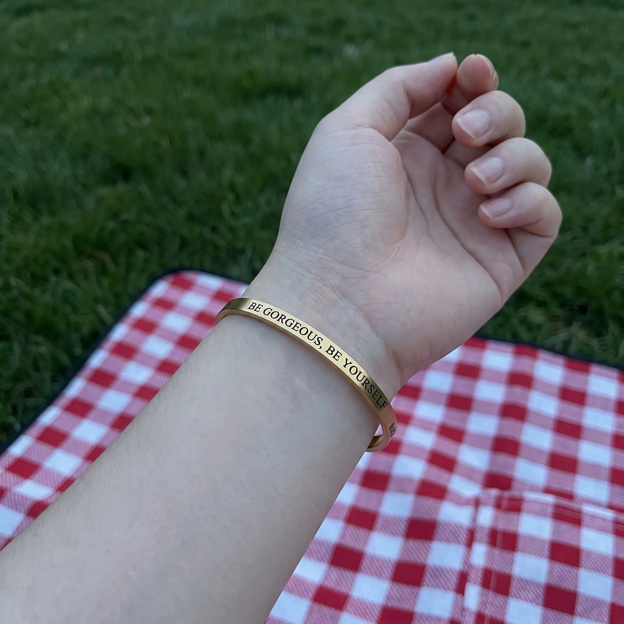 Be Gorgeous, Be Yourself bracelet in gold worn, showing its real size | SKU: bgby-g