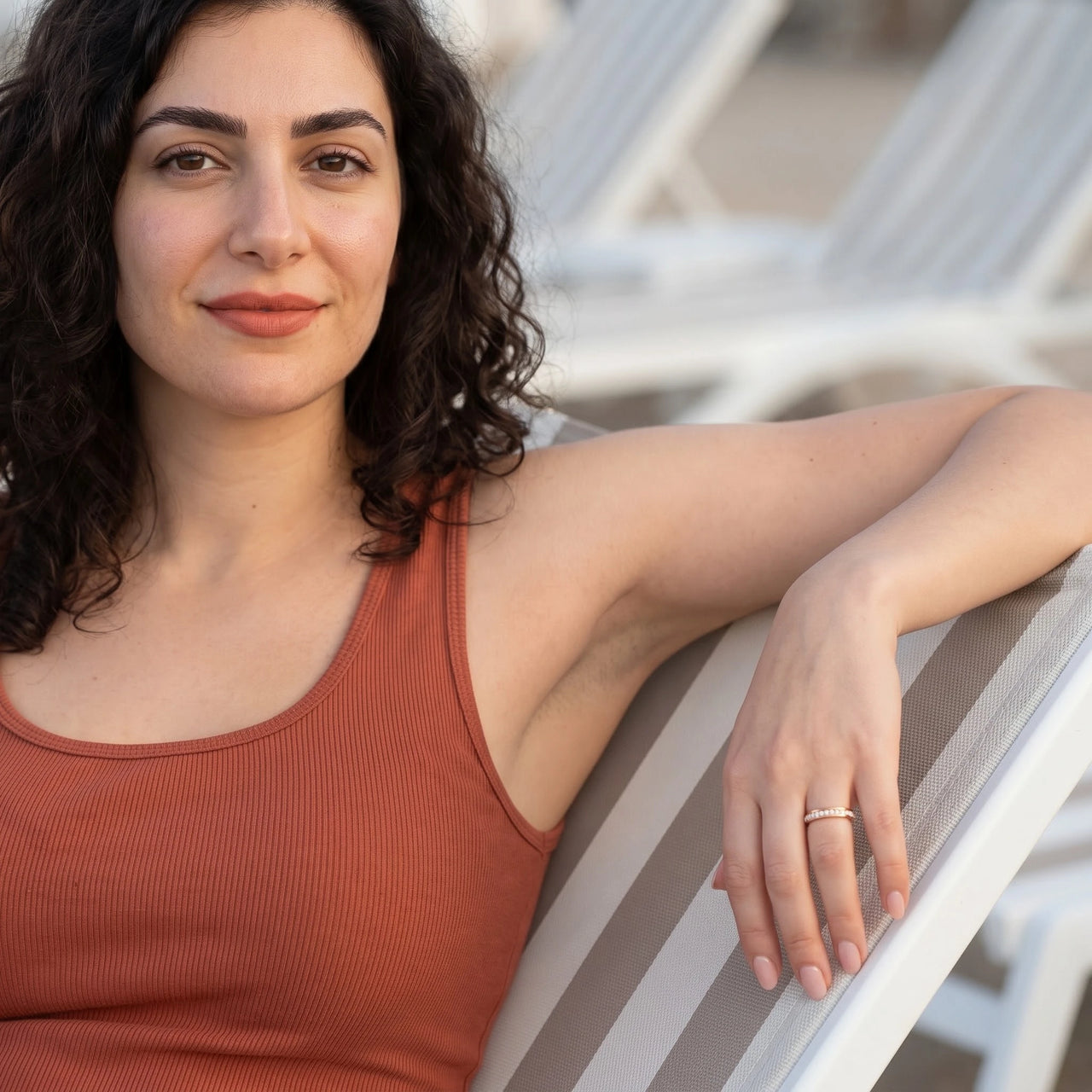 Engagement Ring with Crystals in rose gold worn during a relaxed moment | SKU: 25535390-5-rose-gold