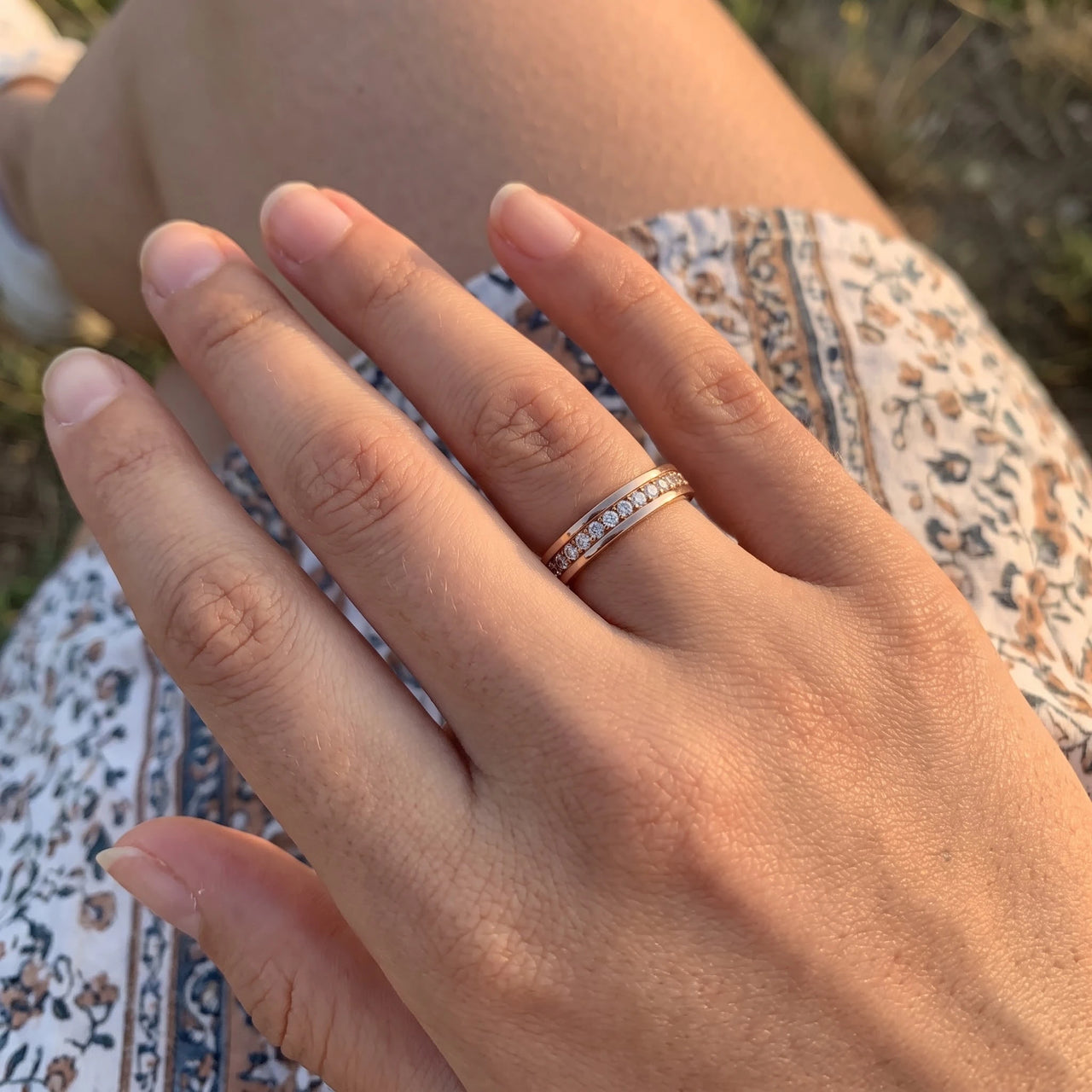 Engagement Ring with Crystals in rose gold worn, showing its real size | SKU: 25535390-5-rose-gold