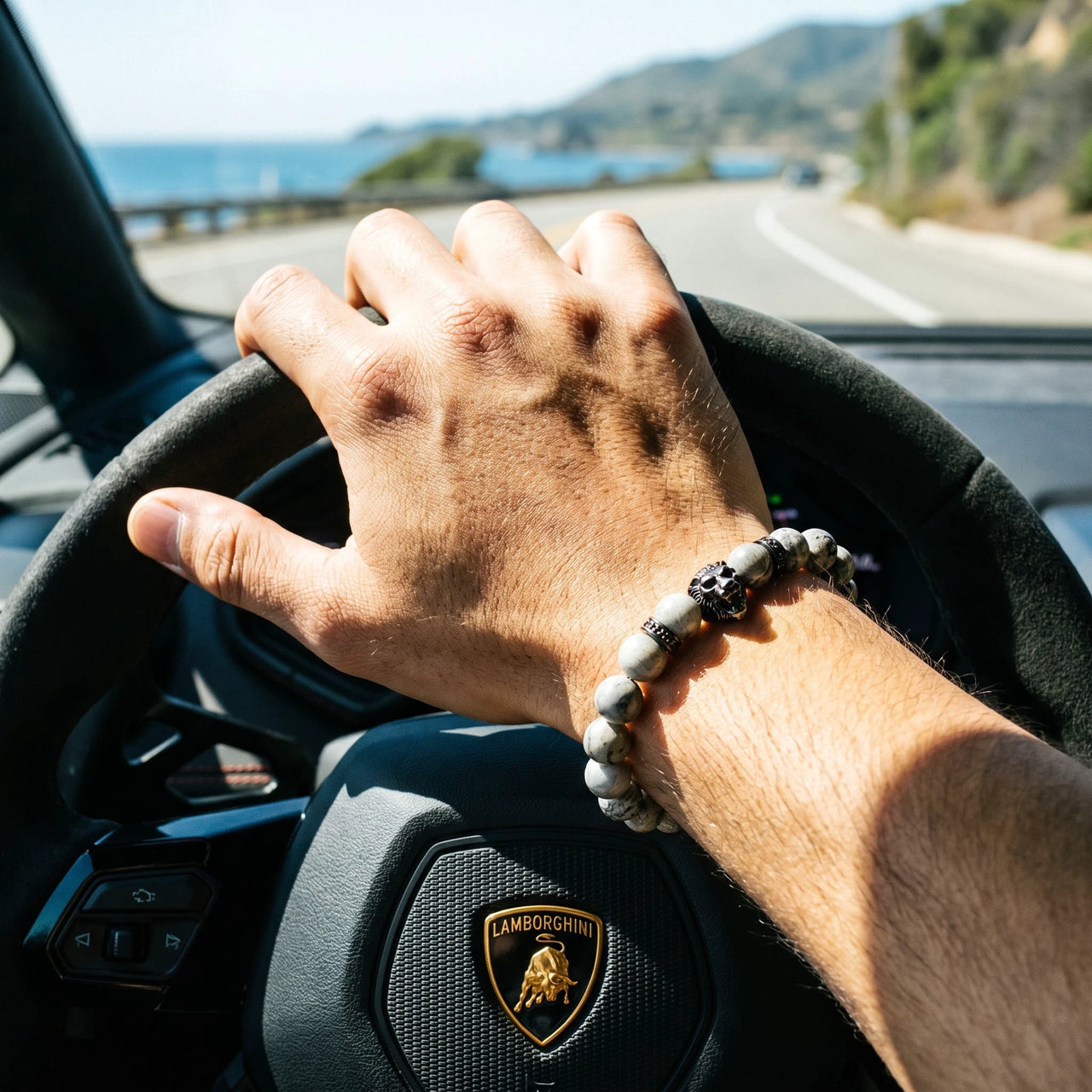 Black Lion & Grey Stones Bracelet – worn at the steering wheel of a luxury car | Brother & Sisters | SKU: 20866222-gun-black-XS-14-15, 20866222-gun-black-S-16-17, 20866222-gun-black-M-18-19, 20866222-gun-black-L-20-21, 20866222-gun-black-XL-22-23