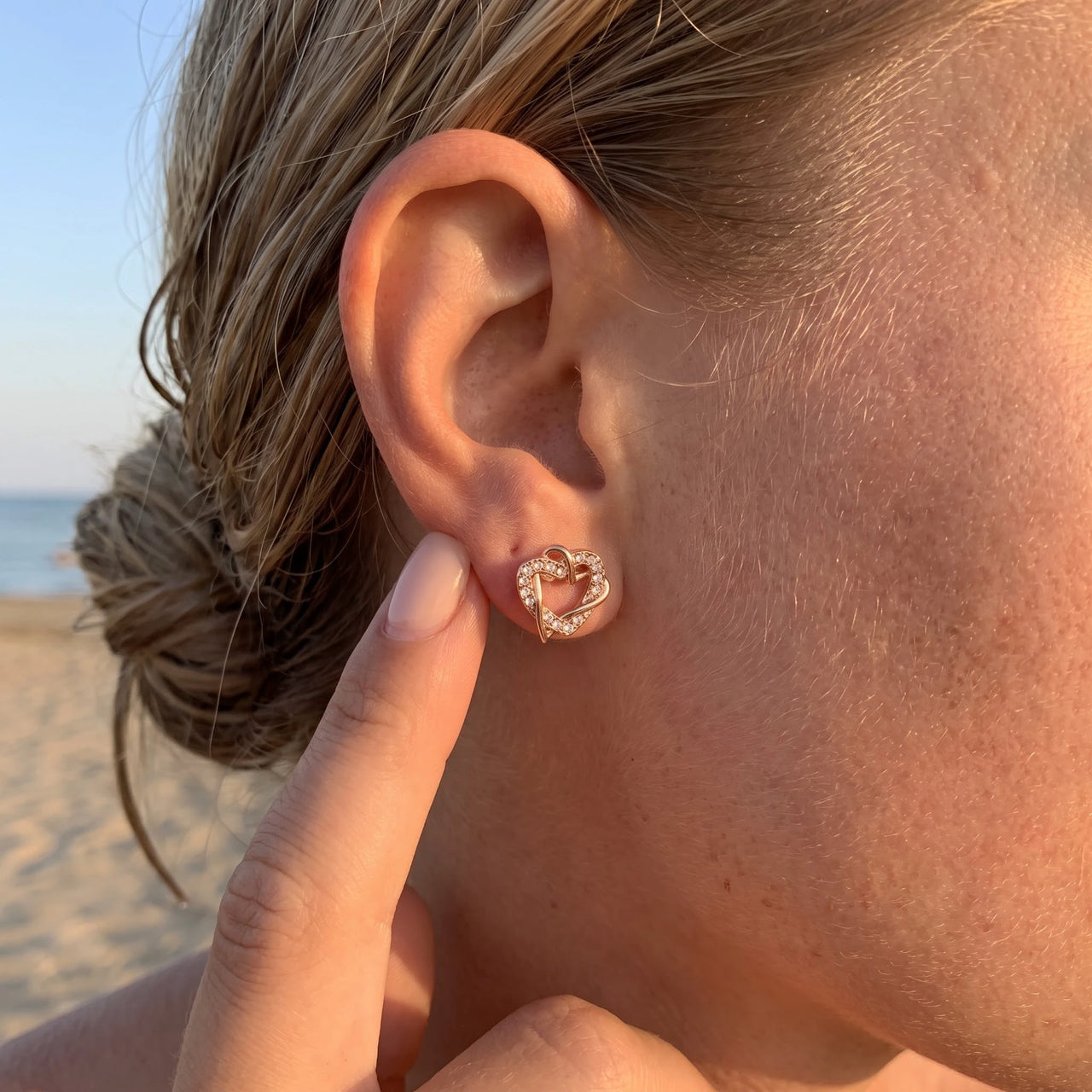 Rose gold stud earrings worn, showing its real size | SKU: 419593-rose-gold