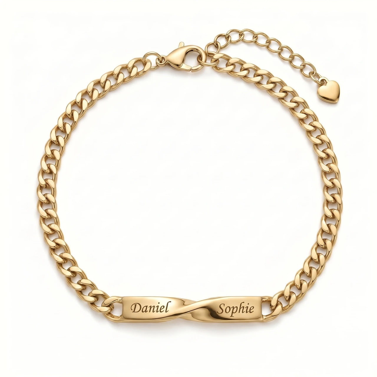 Infinity Bond Matching Bracelet by Brother & Sisters features two names elegantly intertwined on a gold chain.