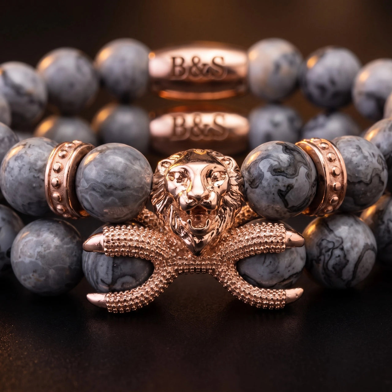 Rose Gold Lion & Grey Stones Set – macro detail of the lion head | Brother & Sisters | SKU: 21039839SET-rose-gold-XS-14-15, 21039839SET-rose-gold-S-16-17, 21039839SET-rose-gold-M-18-19, 21039839SET-rose-gold-L-20-21, 21039839SET-rose-gold-XL-22-23