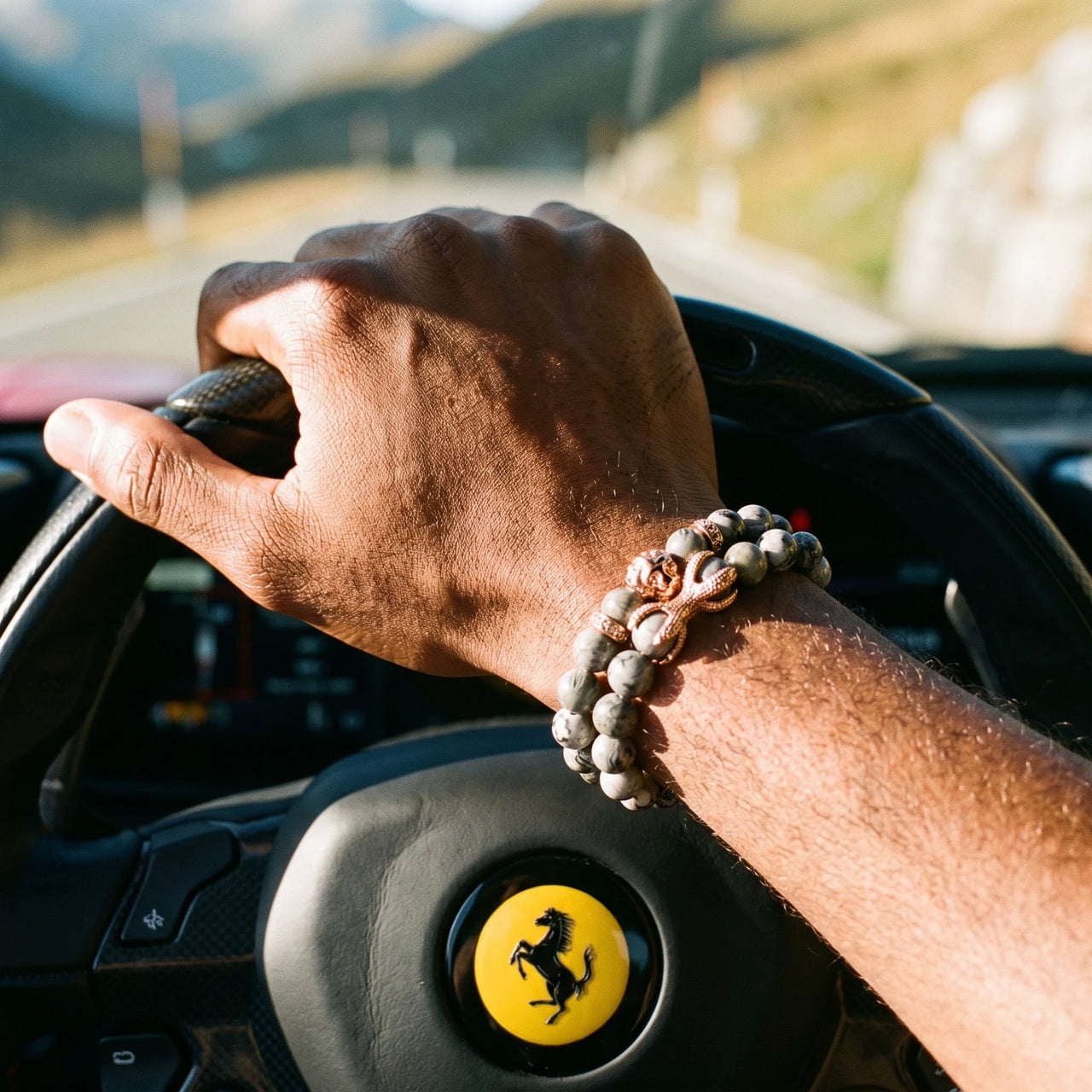 Rose Gold Lion & Grey Stones Set – worn at the steering wheel of a luxury car | Brother & Sisters | SKU: 21039839SET-rose-gold-XS-14-15, 21039839SET-rose-gold-S-16-17, 21039839SET-rose-gold-M-18-19, 21039839SET-rose-gold-L-20-21, 21039839SET-rose-gold-XL-22-23