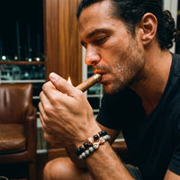 Thumbnail for Rose Gold Lion with Black & Grey Stones Set – worn while lighting a cigar | Brother & Sisters | SKU: 21369621-rose-gold-XS-14-15, 21369621-rose-gold-S-16-17, 21369621-rose-gold-M-18-19, 21369621-rose-gold-L-20-21, 21369621-rose-gold-XL-22-23