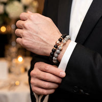 Thumbnail for Rose Gold Lion with Black & Grey Stones Set – worn with a shirt cuff | Brother & Sisters | SKU: 21369621-rose-gold-XS-14-15, 21369621-rose-gold-S-16-17, 21369621-rose-gold-M-18-19, 21369621-rose-gold-L-20-21, 21369621-rose-gold-XL-22-23