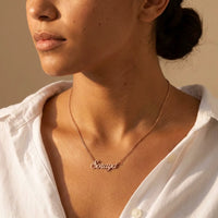 Thumbnail for Minimalist Name Necklace in rose gold worn in three-quarter profile, the name Soraya | SKU: minimalistnn-rosegold