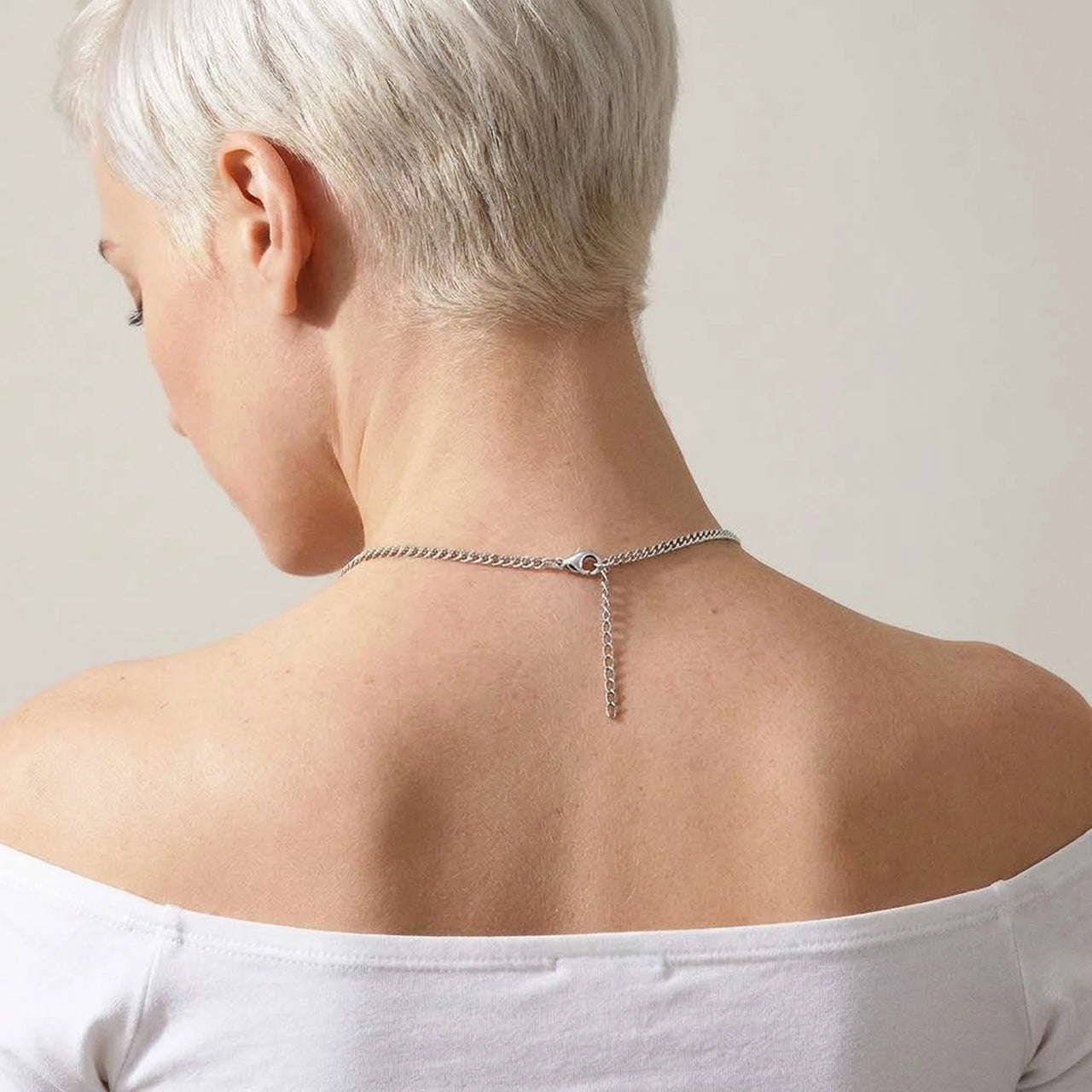 Back of the neck showing the lobster clasp and extension chain of the silver photo necklace | SKU: TPH-BARN-SILVER