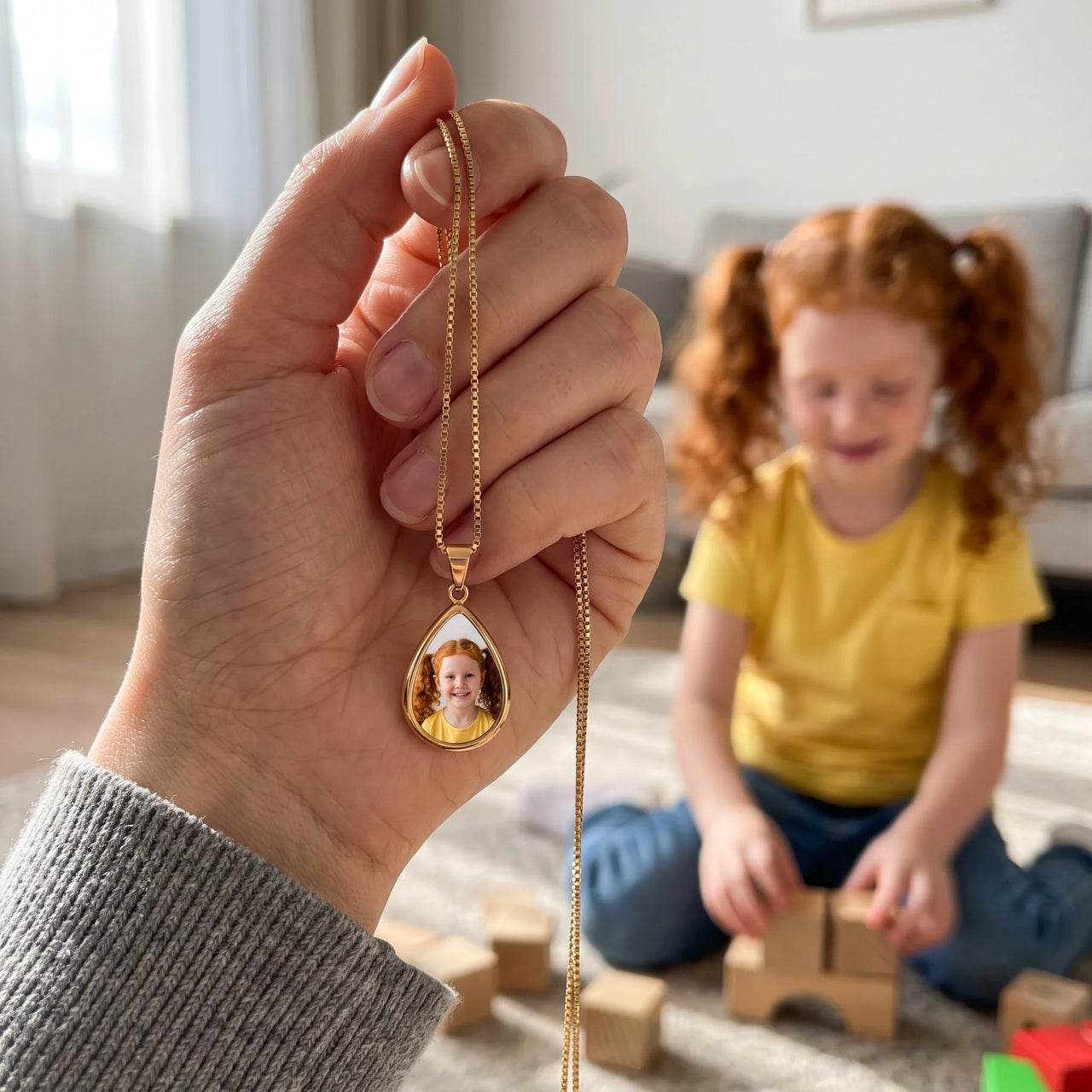 The gold teardrop photo pendant held up, real small size, a child playing with wooden blocks behind | SKU: TPH-DRPN-GOLD