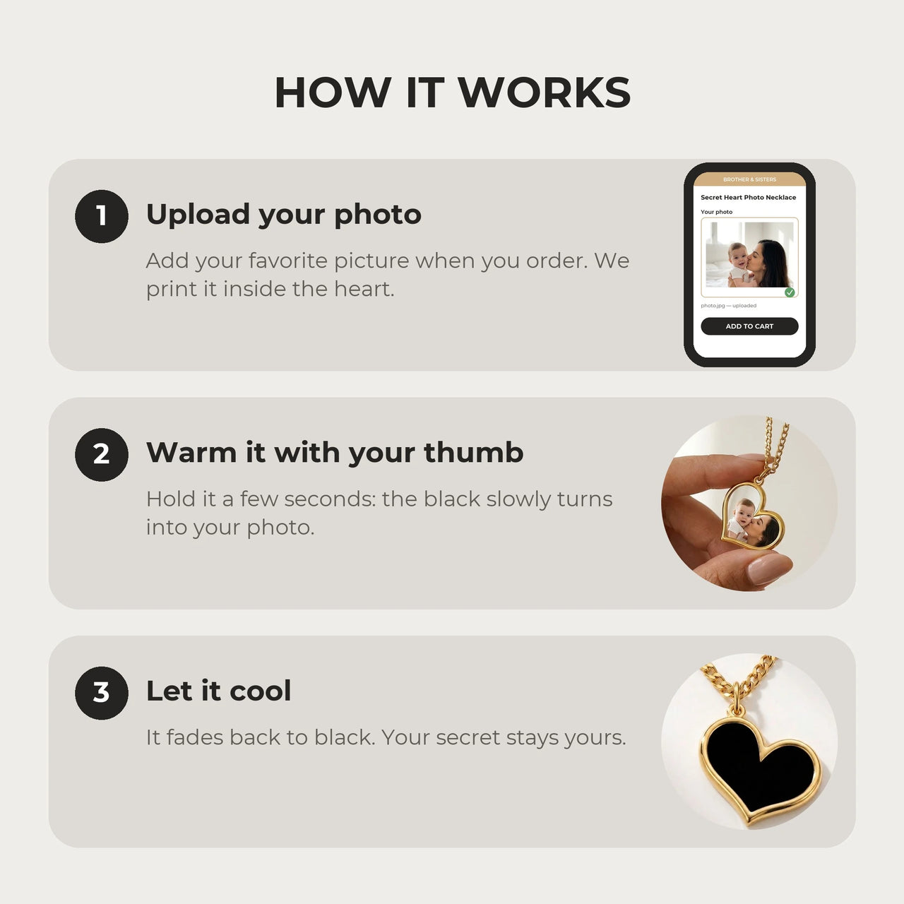 How it works: upload your photo, warm the heart with your thumb, let it cool back to black | SKU: TPH-HRTN-GOLD
