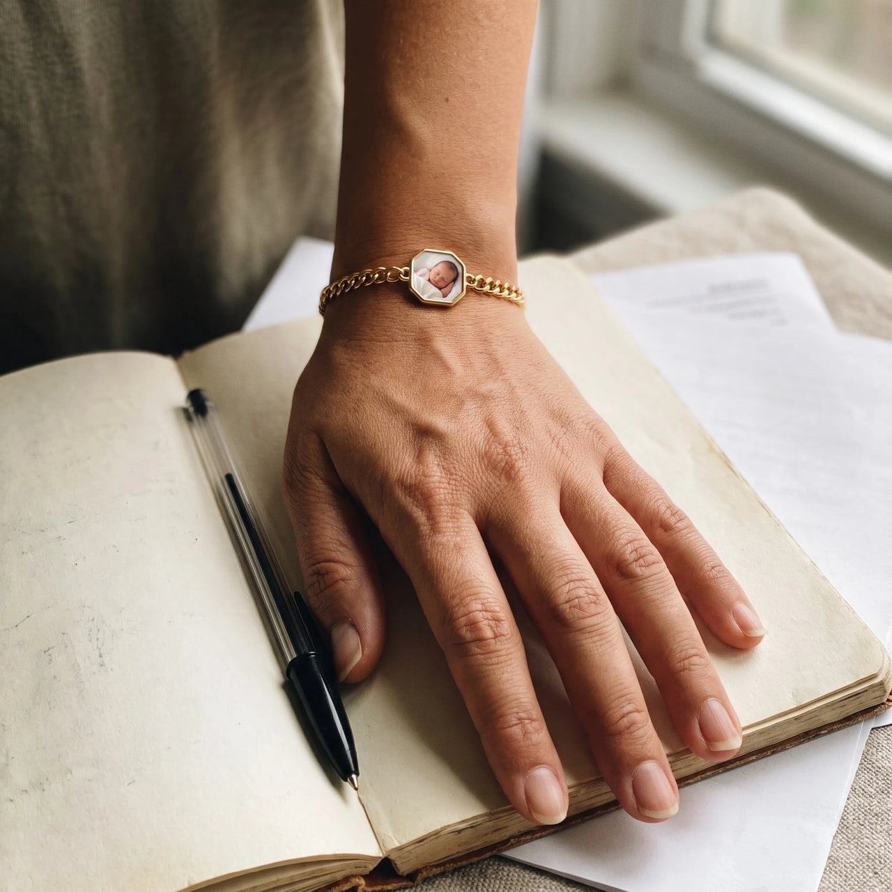The gold octagon photo bracelet on her wrist, showing its real small size | SKU: TPH-OCTB-GOLD-18