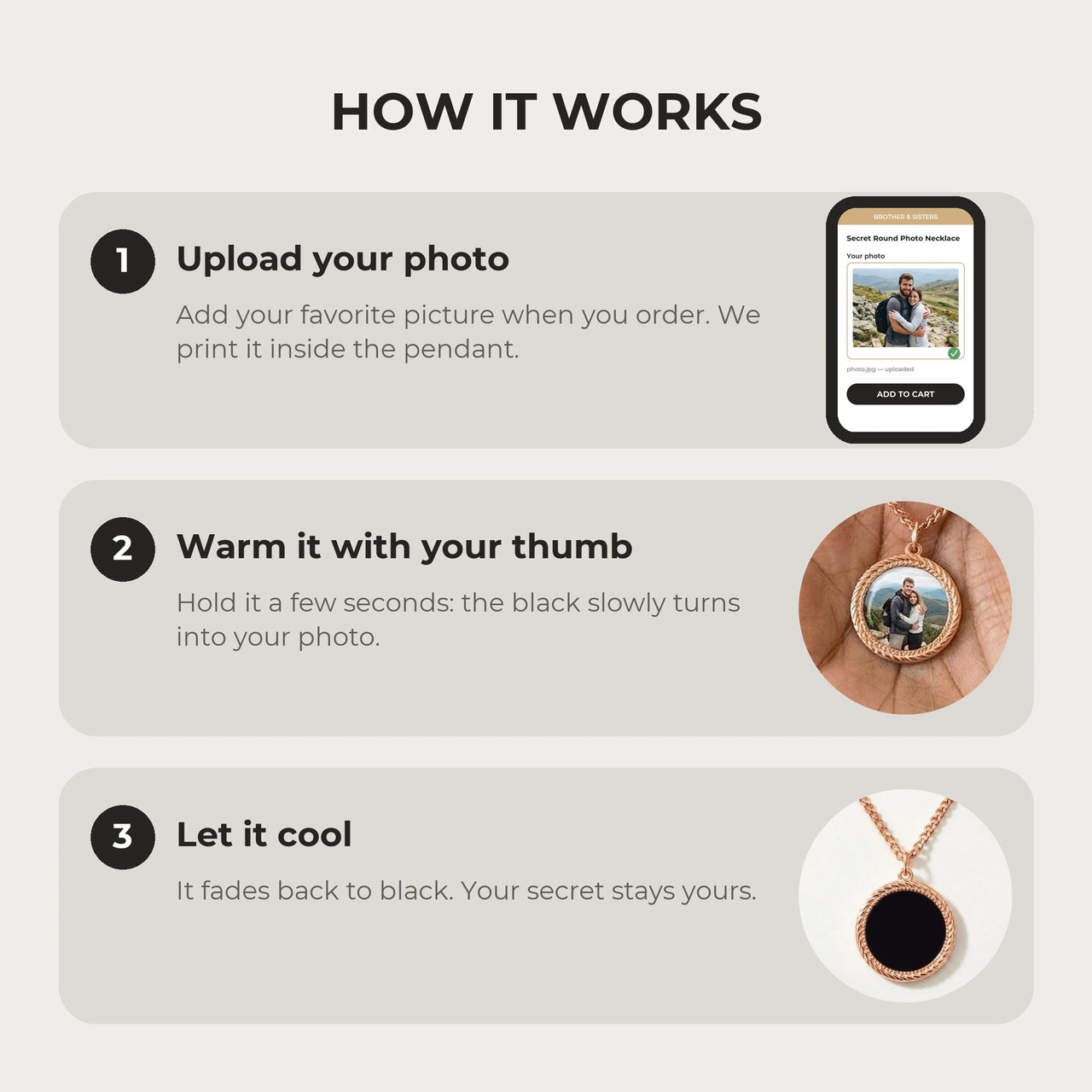 How it works: upload your photo, warm the pendant with your thumb, let it cool back to black | SKU: TPH-RNDN-ROSEGOLD