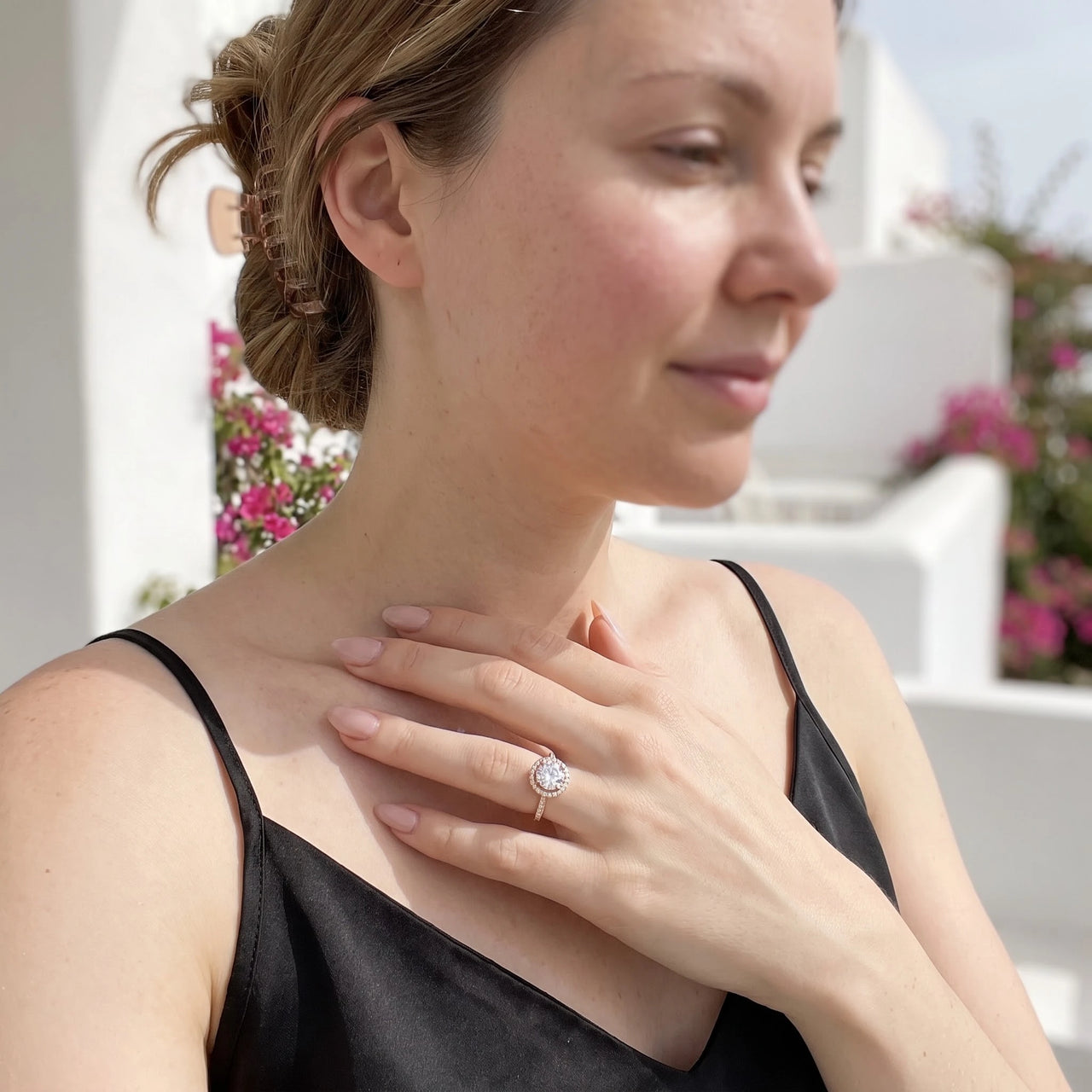 Woman gently touching her Rose Gold Circle Ring | SKU: 101791-4.5-rose-gold