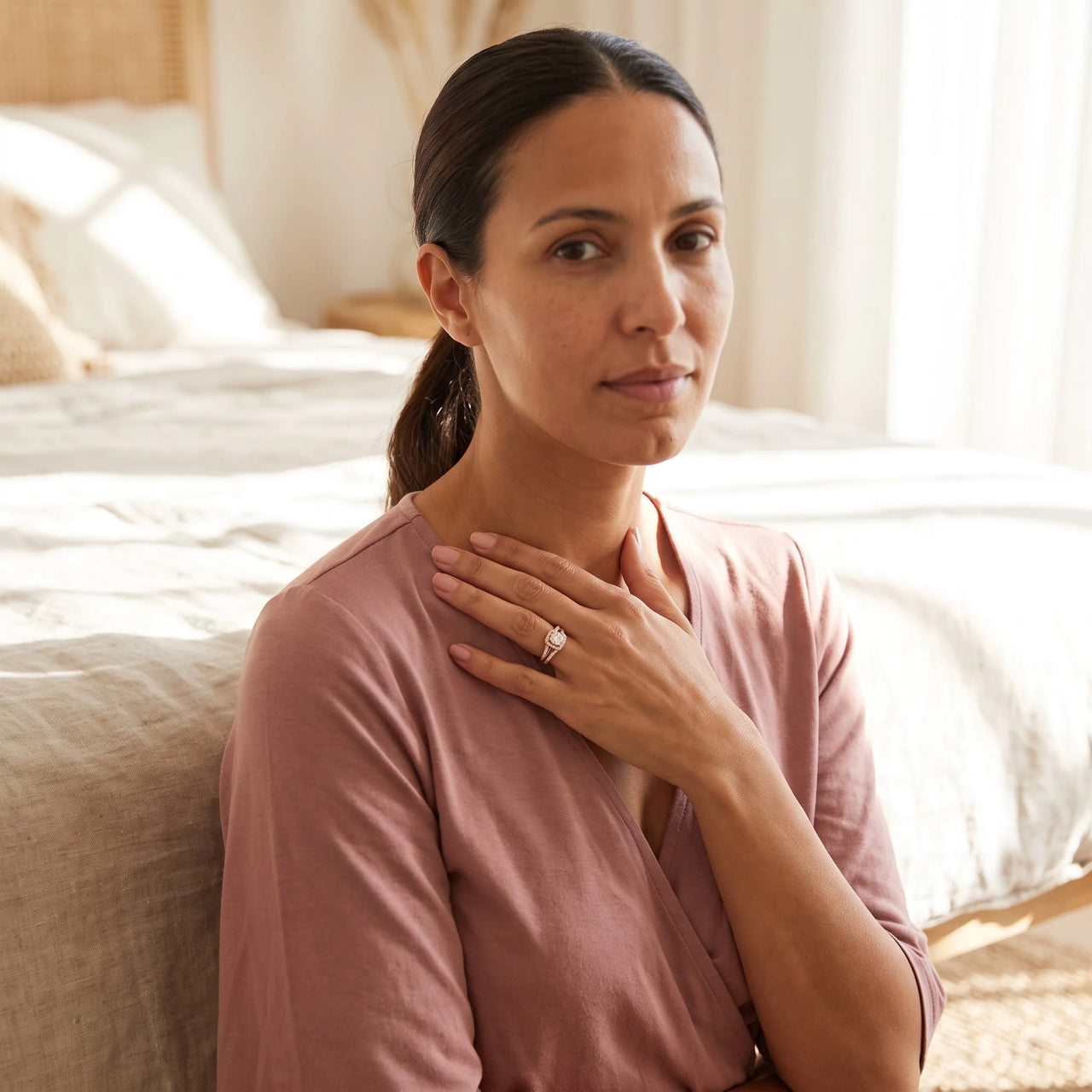 Woman gently touching her Rose Gold Majestic Ring | SKU: 497080-4.5-rose-gold