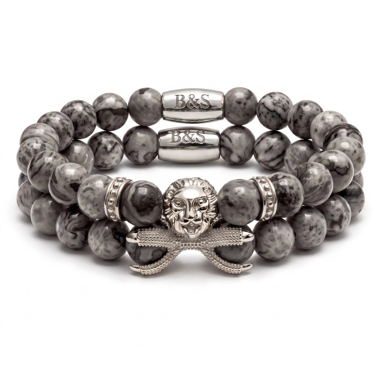 White Gold Lion & Grey Stones Set – studio packshot | Brother & Sisters | SKU: 21039839SET-silver-XS-14-15, 21039839SET-silver-S-16-17, 21039839SET-silver-M-18-19, 21039839SET-silver-L-20-21, 21039839SET-silver-XL-22-23