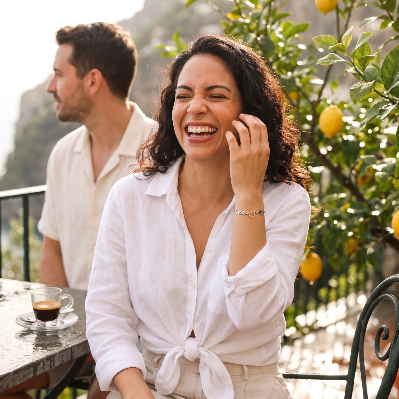 Woman laughing, wearing the silver bracelet | SKU: 42007-silver
